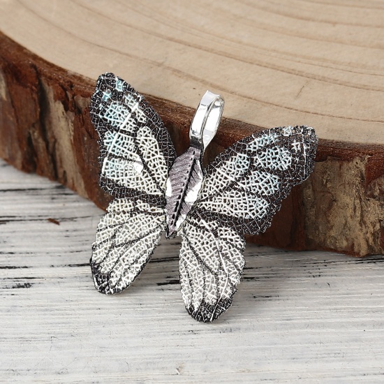 Picture of Brass Pendants Butterfly Animal Silver Plated Light Blue 31mm x28mm(1 2/8" x1 1/8") - 30mm x26mm(1 1/8" x1"), 2 PCs                                                                                                                                           