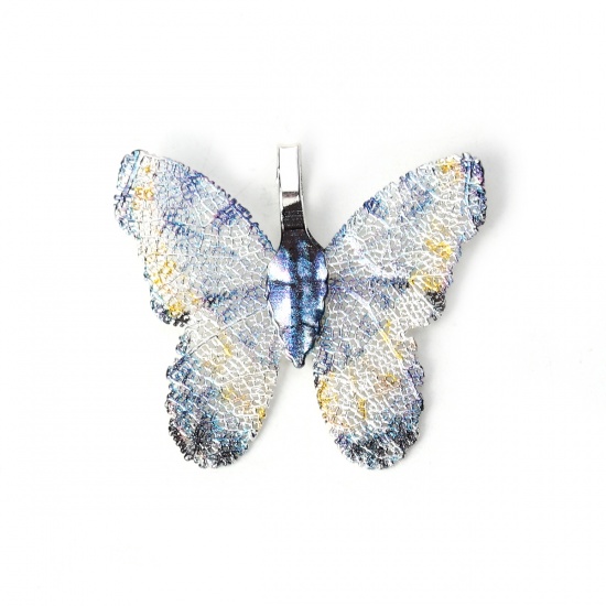 Bild von Messing Anhänger Schmetterling Versilbert Blau Violett 31mm x 28mm - 30mm x 26mm, 2 Stück                                                                                                                                                                     