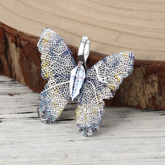 Picture of Brass Pendants Butterfly Animal Silver Plated Blue Violet 31mm x28mm(1 2/8" x1 1/8") - 30mm x26mm(1 1/8" x1"), 2 PCs                                                                                                                                          