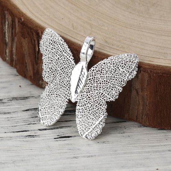 Picture of Brass Pendants Butterfly Animal Silver Plated 31mm x28mm(1 2/8" x1 1/8") - 30mm x26mm(1 1/8" x1"), 2 PCs                                                                                                                                                      