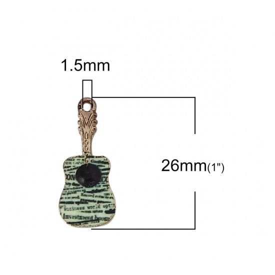 Picture of Zinc Based Alloy Music Charms Musical Instrument Guitar Gold Plated Green Enamel 26mm(1") x 11mm( 3/8"), 5 PCs