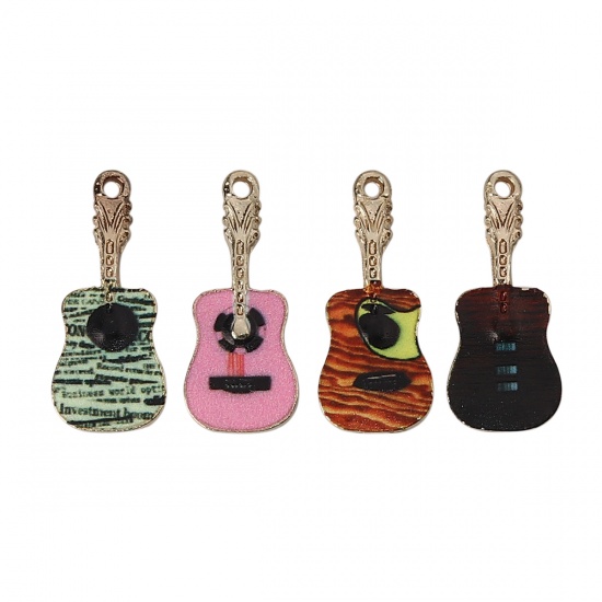 Picture of Zinc Based Alloy Music Charms Musical Instrument Guitar Gold Plated Green Enamel 26mm(1") x 11mm( 3/8"), 5 PCs