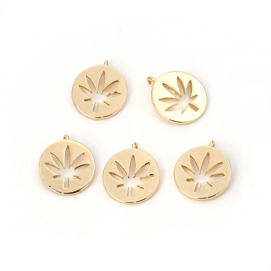 Image de Breloques en Laiton Rond Doré Feuille d'érable 12mm x 10mm, 3 Pcs