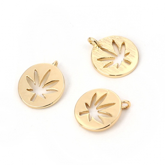 Image de Breloques en Laiton Rond Doré Feuille d'érable 12mm x 10mm, 3 Pcs