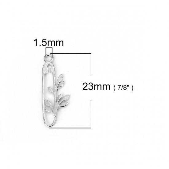 Bild von Messing Charms Sicherheitsnadel Silberfarbe Blätter 23mm x 8mm, 3 Stück