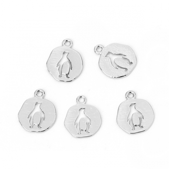 Imagen de Latón Colgantes Charms Ronda Tono de Plata Pingüino 14mm x 11mm, 5 Unidades