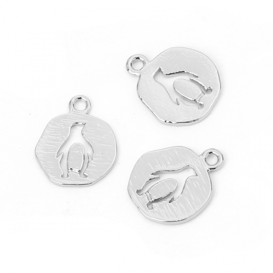 Imagen de Latón Colgantes Charms Ronda Tono de Plata Pingüino 14mm x 11mm, 5 Unidades