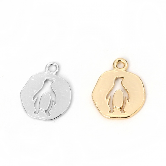 Imagen de Latón Colgantes Charms Ronda Tono de Plata Pingüino 14mm x 11mm, 5 Unidades