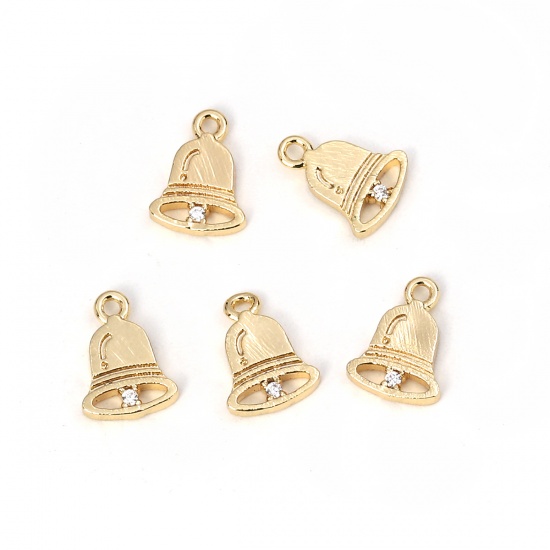 Imagen de Latón Colgantes Charms Cascabel Chapado en Oro Transparente Rhinestone 10mm x 7mm, 3 Unidades