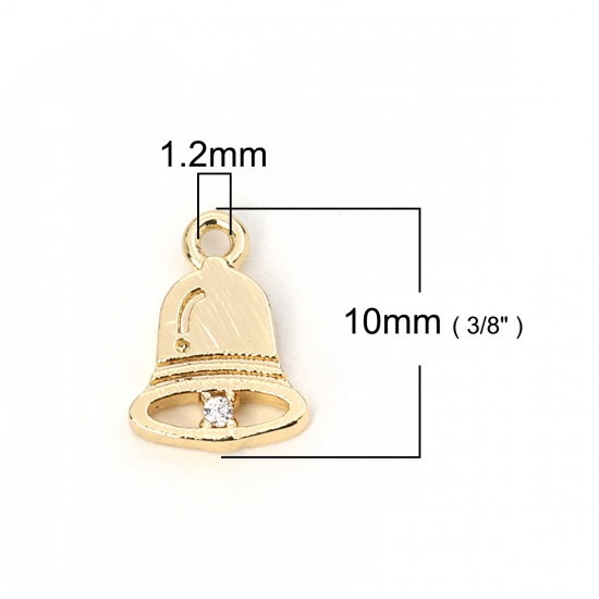 Imagen de Latón Colgantes Charms Cascabel Chapado en Oro Transparente Rhinestone 10mm x 7mm, 3 Unidades