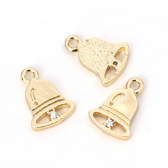 Imagen de Latón Colgantes Charms Cascabel Chapado en Oro Transparente Rhinestone 10mm x 7mm, 3 Unidades