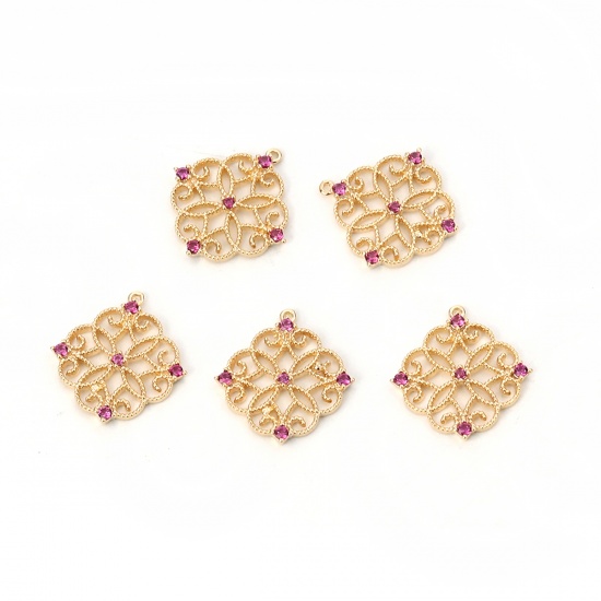 Picture of Brass Charms Flower Gold Plated Purple Rhinestone 16mm( 5/8") x 16mm( 5/8"), 2 PCs                                                                                                                                                                            