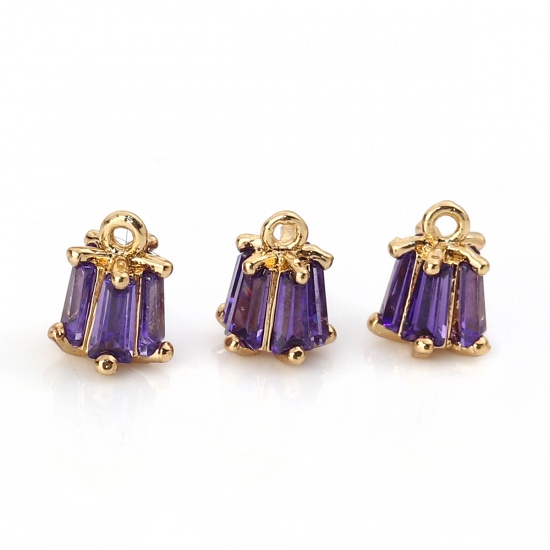 Picture of Brass & Cubic Zirconia Charms Flower Gold Plated Blue Violet Rectangle 7mm( 2/8") x 5mm( 2/8"), 2 PCs
