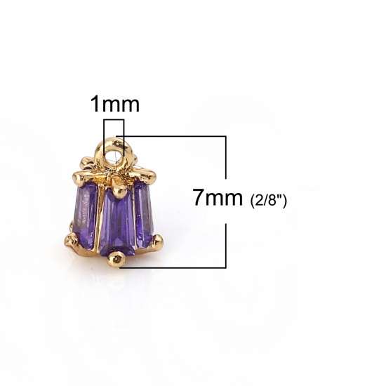 Picture of Brass & Cubic Zirconia Charms Flower Gold Plated Blue Violet Rectangle 7mm( 2/8") x 5mm( 2/8"), 2 PCs