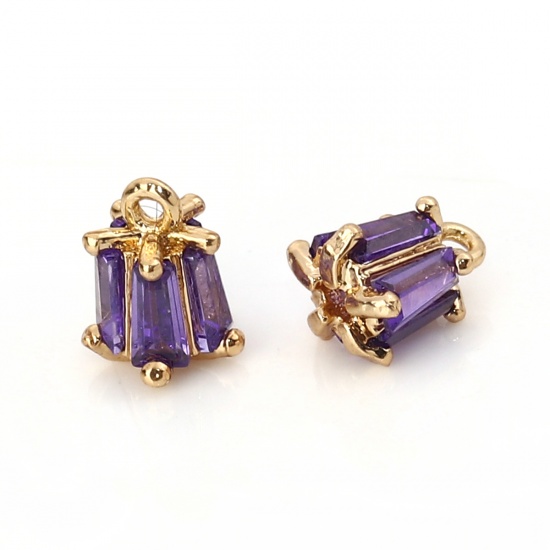 Picture of Brass & Cubic Zirconia Charms Flower Gold Plated Blue Violet Rectangle 7mm( 2/8") x 5mm( 2/8"), 2 PCs