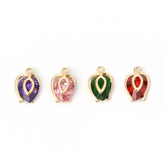 Imagen de Latón+ Circón Artificial Colgantes Charms Gota Chapado en Oro Rojo 12mm x 8mm, 2 Unidades
