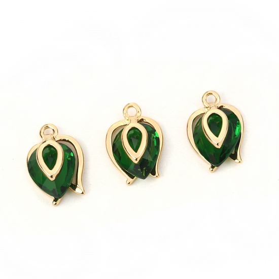 Imagen de Latón+ Circón Artificial Colgantes Charms Gota Chapado en Oro Verde 12mm x 8mm, 2 Unidades
