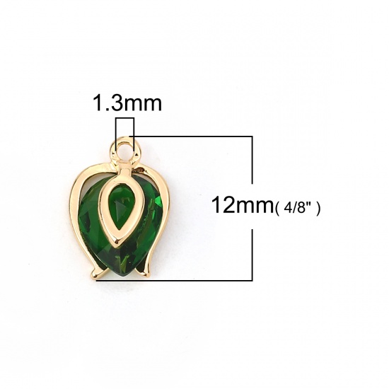 Imagen de Latón+ Circón Artificial Colgantes Charms Gota Chapado en Oro Verde 12mm x 8mm, 2 Unidades