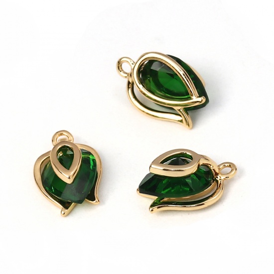 Imagen de Latón+ Circón Artificial Colgantes Charms Gota Chapado en Oro Verde 12mm x 8mm, 2 Unidades