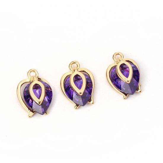 Imagen de Latón+ Circón Artificial Colgantes Charms Gota Chapado en Oro Azul Violeta 12mm x 8mm, 2 Unidades