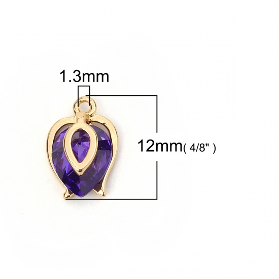 Imagen de Latón+ Circón Artificial Colgantes Charms Gota Chapado en Oro Azul Violeta 12mm x 8mm, 2 Unidades