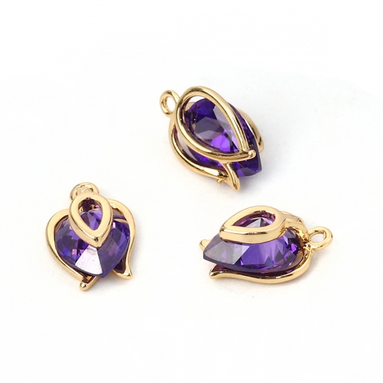 Imagen de Latón+ Circón Artificial Colgantes Charms Gota Chapado en Oro Azul Violeta 12mm x 8mm, 2 Unidades