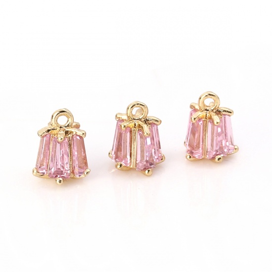 Picture of Brass & Cubic Zirconia Charms Flower Gold Plated Pink Rectangle 7mm( 2/8") x 5mm( 2/8"), 2 PCs