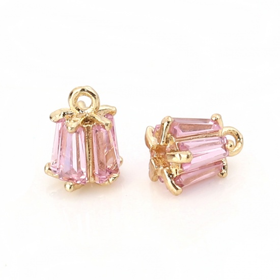 Picture of Brass & Cubic Zirconia Charms Flower Gold Plated Pink Rectangle 7mm( 2/8") x 5mm( 2/8"), 2 PCs