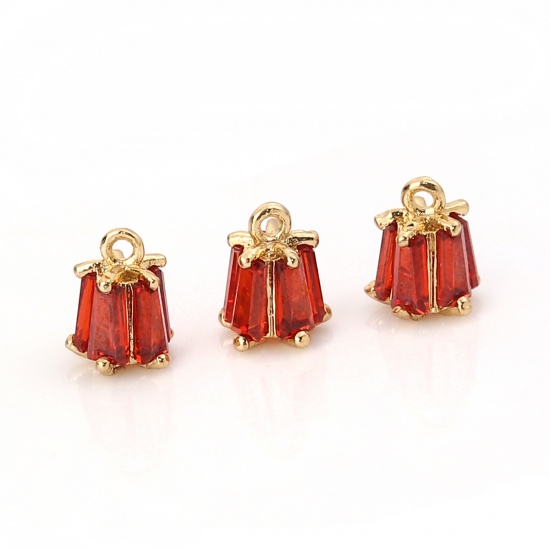 Picture of Brass & Cubic Zirconia Charms Flower Gold Plated Red Rectangle 7mm( 2/8") x 5mm( 2/8"), 3 PCs