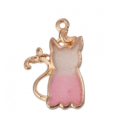 Picture of Zinc Based Alloy Charms Cat Animal Gold Plated Pink Enamel Glitter 26mm(1") x 17mm( 5/8"), 10 PCs
