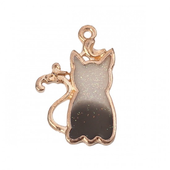 Picture of Zinc Based Alloy Charms Cat Animal Gold Plated Black Enamel Glitter 26mm(1") x 17mm( 5/8"), 10 PCs