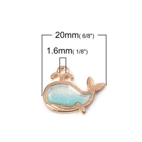 Picture of Zinc Based Alloy Ocean Jewelry Charms Whale Animal Gold Plated Blue Enamel Glitter 20mm( 6/8") x 15mm( 5/8"), 10 PCs
