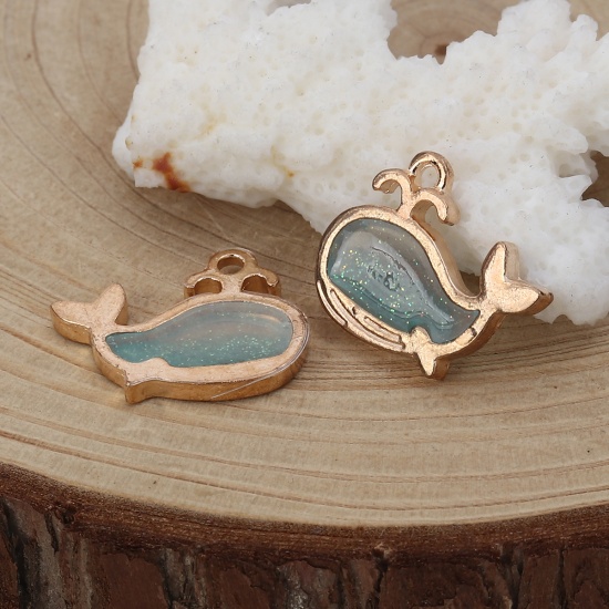 Picture of Zinc Based Alloy Ocean Jewelry Charms Whale Animal Gold Plated Blue Enamel Glitter 20mm( 6/8") x 15mm( 5/8"), 10 PCs