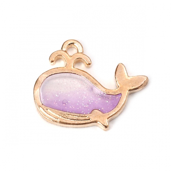 Picture of Zinc Based Alloy Ocean Jewelry Charms Whale Animal Gold Plated Purple Enamel Glitter 20mm( 6/8") x 15mm( 5/8"), 10 PCs