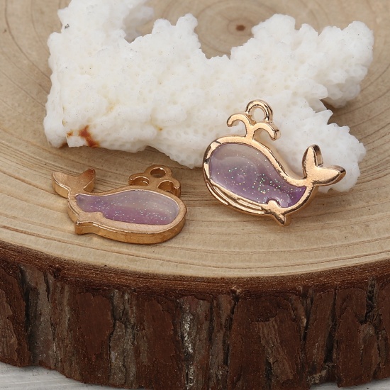 Picture of Zinc Based Alloy Ocean Jewelry Charms Whale Animal Gold Plated Purple Enamel Glitter 20mm( 6/8") x 15mm( 5/8"), 10 PCs