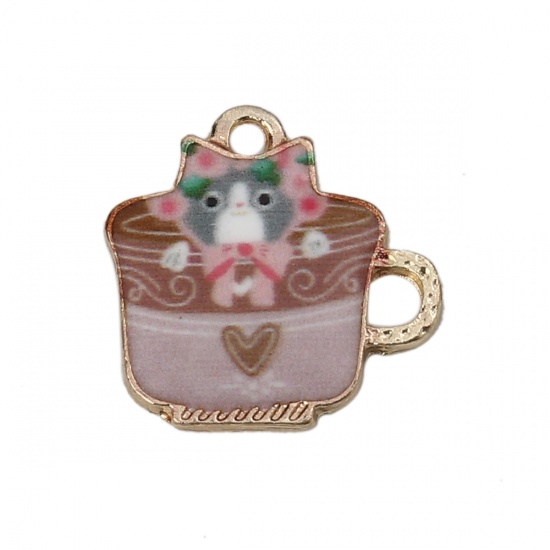 Picture of Zinc Based Alloy Charms Cup Gold Plated Brown Cat Enamel 15mm( 5/8") x 14mm( 4/8"), 10 PCs