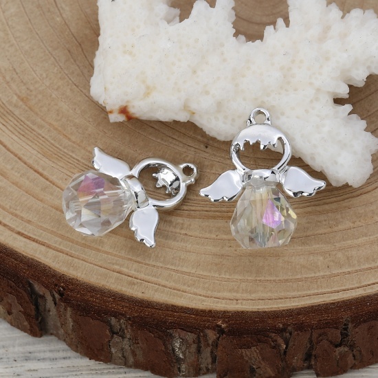 Picture of Zinc Based Alloy & Glass Charms Angel Silver Tone AB Color Faceted 21mm( 7/8") x 19mm( 6/8"), 5 PCs