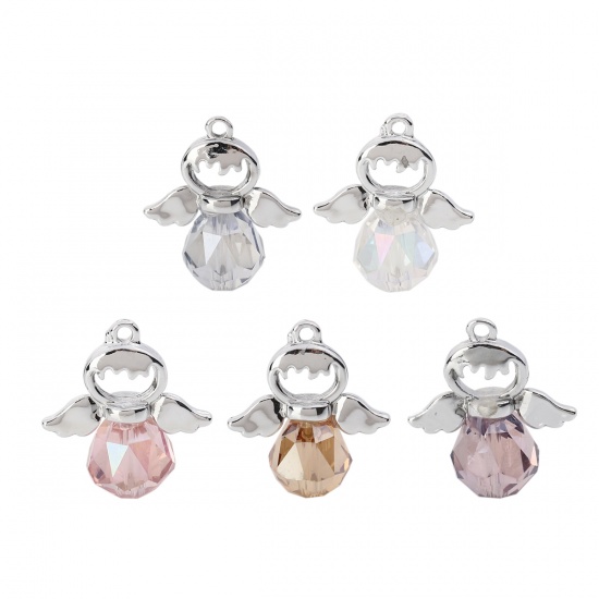 Picture of Zinc Based Alloy & Glass Charms Angel Silver Tone AB Color Faceted 21mm( 7/8") x 19mm( 6/8"), 5 PCs