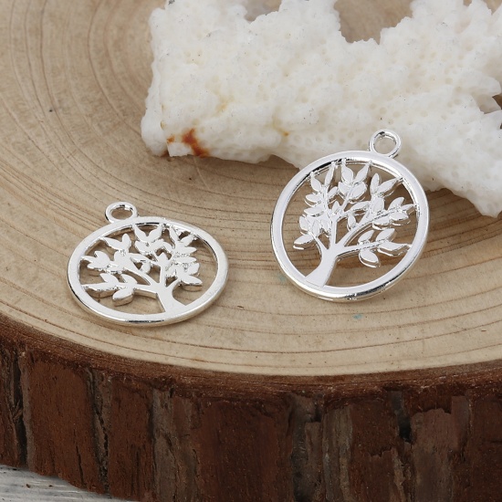 Picture of Zinc Based Alloy Charms Round Silver Plated Tree 20mm( 6/8") x 17mm( 5/8"), 10 PCs