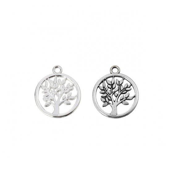 Picture of Zinc Based Alloy Charms Round Silver Plated Tree 20mm( 6/8") x 17mm( 5/8"), 10 PCs