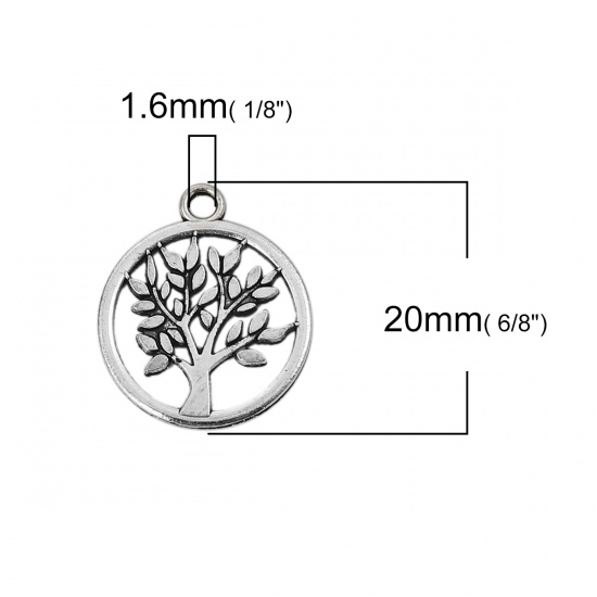 Picture of Zinc Based Alloy Charms Round Antique Silver Tree 20mm( 6/8") x 17mm( 5/8"), 50 PCs