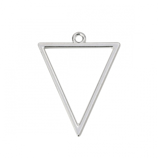 Picture of 10 PCs Zinc Based Alloy Geometric Bezel Frame Charms Pendants Silver Plated Triangle 35mm x 27mm