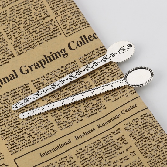 Picture of Zinc Based Alloy Bookmark Ruler Antique Silver Cabochon Settings (Fit 25mmx18mm) Oval 13.5cm(5 3/8") x 2.3cm( 7/8"), 5 PCs