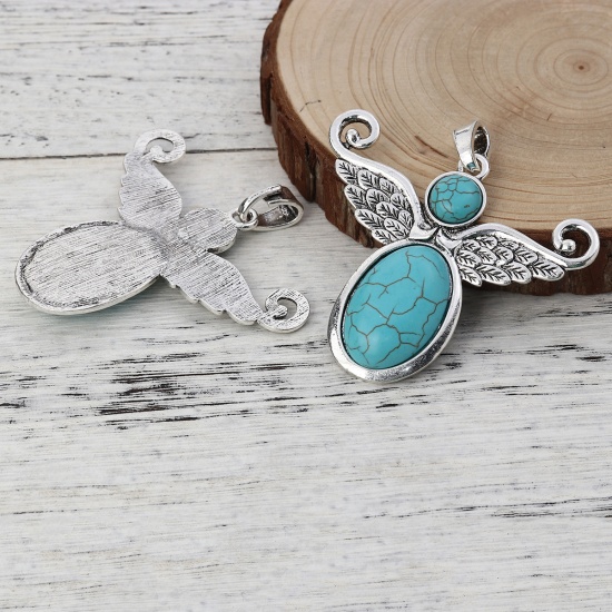 Picture of Zinc Based Alloy & Acrylic Boho Chic Pendants Angel Antique Silver Color Green Blue Wing 72mm(2 7/8") x 71mm(2 6/8"), 2 PCs