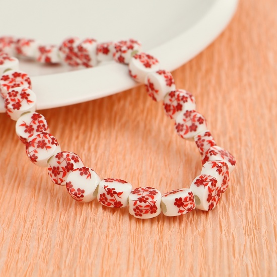 Picture of Ceramic Beads Flat Round Red Plum Flower About 9mm Dia, Hole: Approx 2.6mm, 28.5cm long, 1 Strand (Approx 36 PCs/Strand)
