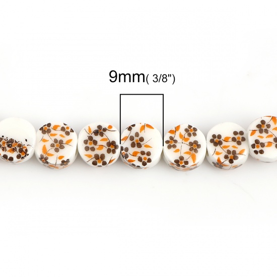 Picture of Ceramic Beads Flat Round Coffee Plum Flower About 9mm Dia, Hole: Approx 2.6mm, 28.5cm long, 1 Strand (Approx 36 PCs/Strand)
