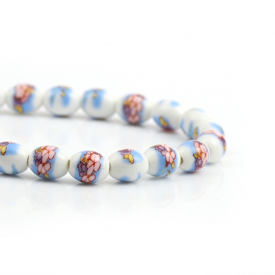 Picture of Ceramic Beads Barrel Blue Flower About 10mm x 8mm, Hole: Approx 2mm, 30cm long, 1 Strand (Approx 29 PCs/Strand)