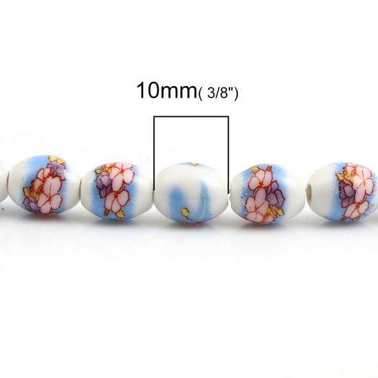 Immagine di Ceramica Diatanziale Perline Barile Blu Fiore Disegno Circa 10mm x 8mm, Foro: Circa 2mm, lunghezza: 30cm 1 Filo （Circa 29 Pezzi/Treccia)