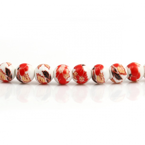Immagine di Ceramica Diatanziale Perline Tondo Rosso Fiore Disegno Come 9mm Dia, Foro: Circa 2mm, lunghezza: 30.5cm 1 Filo （Circa 40 Pezzi/Treccia)