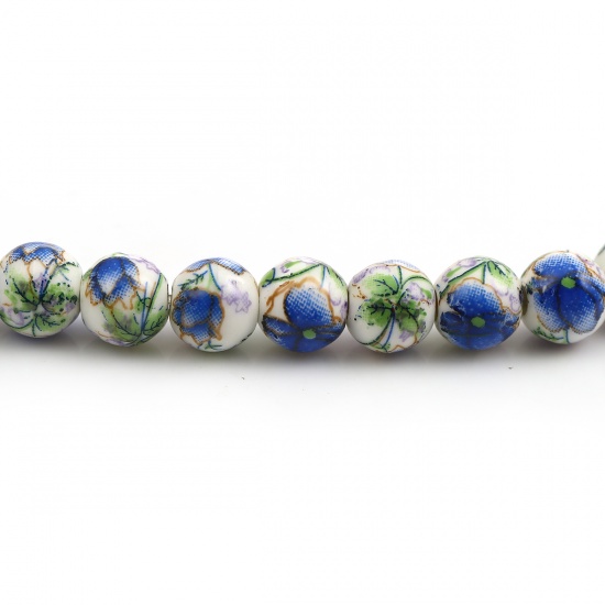 Immagine di Ceramica Diatanziale Perline Tondo Blu Fiore Disegno Come 9mm Dia, Foro: Circa 2mm, lunghezza: 30.5cm 1 Filo （Circa 40 Pezzi/Treccia)